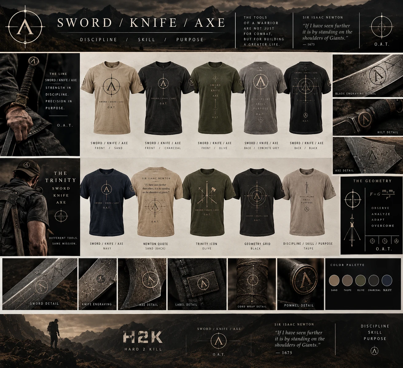 Sword / Knife / Axe marketing sheet — Hard 2 Kill · the tools of a warrior